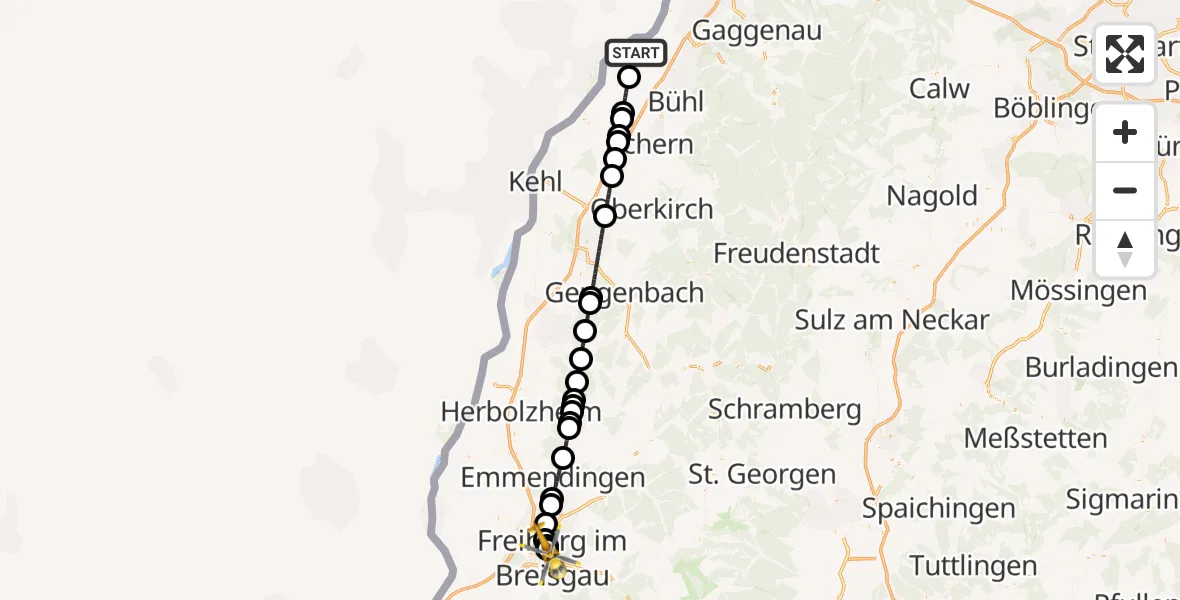 Flugroute Ambulanzhubschrauber Rheinmünster - Freiburg University Hospital Heliport 1, 23 Juni 2026, 22:31