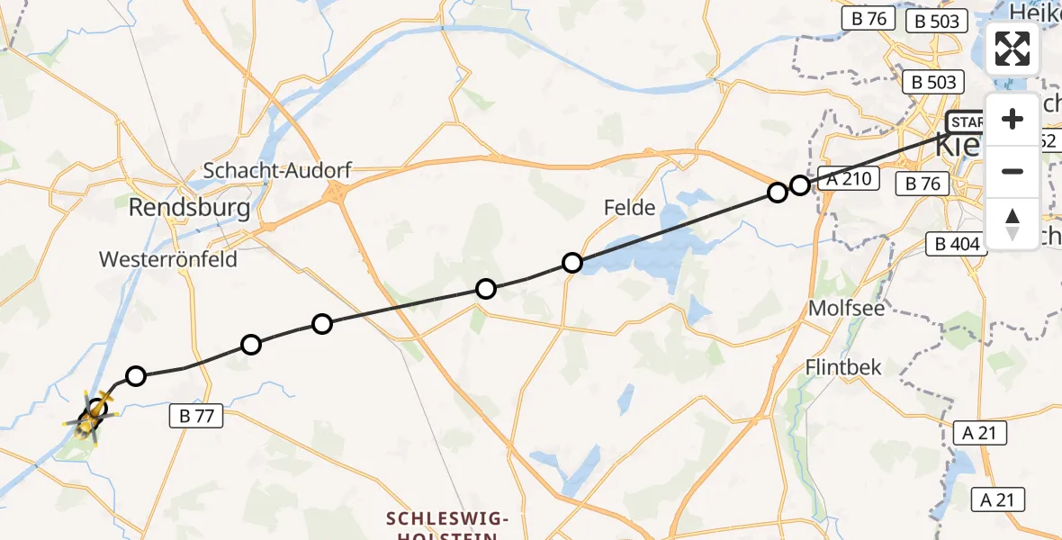 Flugroute Ambulanzhubschrauber Kiel - Hörsten, 23 Juni 2026, 22:52
