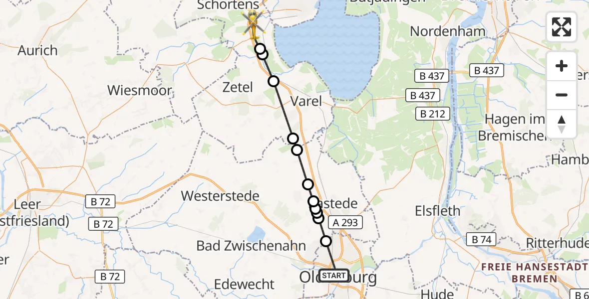 Flugroute Rettungshubschrauber Oldenburg (Oldb) - Sande, 23 Juni 2026, 22:54