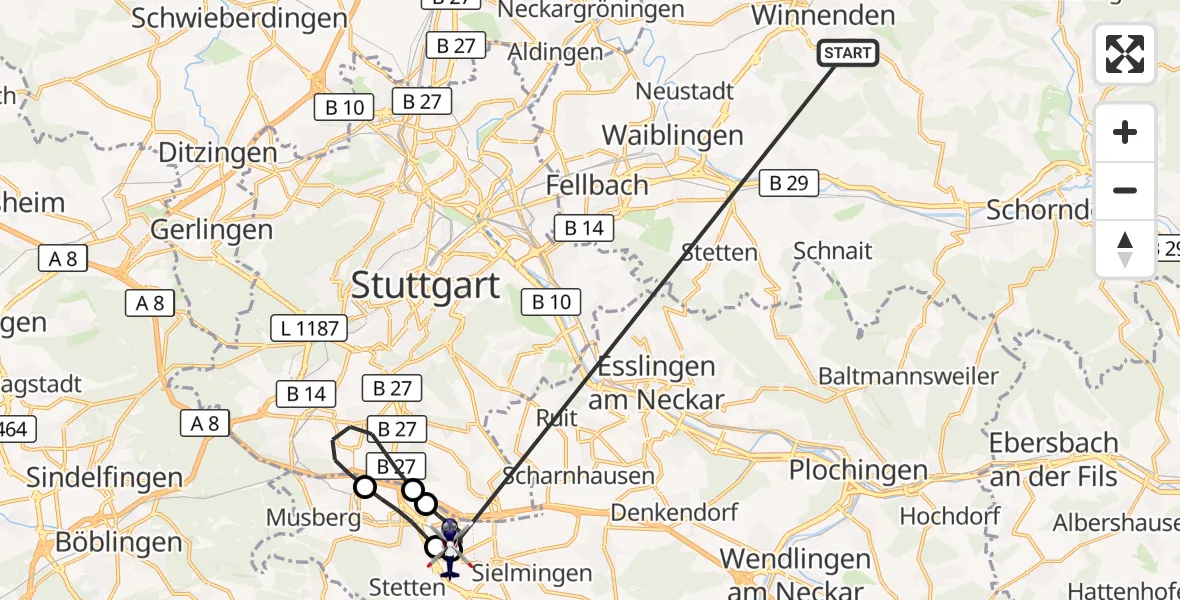 Flugroute Polizeihubschrauber Winnenden - Flughafen Stuttgart, 23 Juni 2026, 23:05