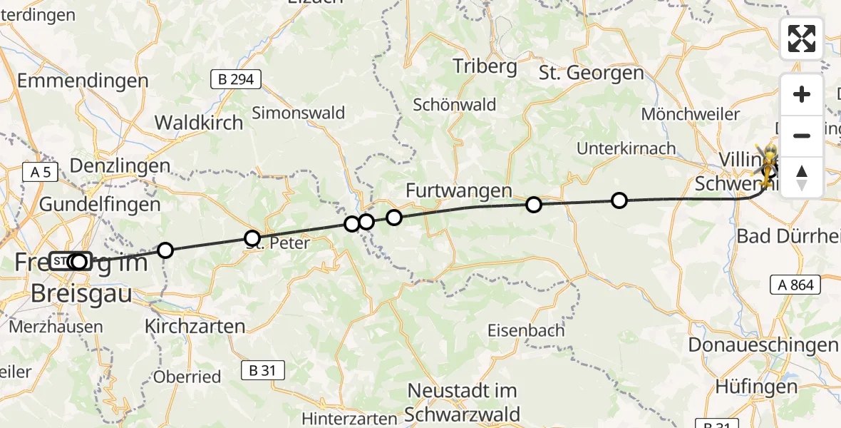 Flugroute Ambulanzhubschrauber Freiburg University Hospital Heliport 1 - DRF Air Rescue Station Villingen-Schwenningen Hubschrauberlandeplatz (Christoph 11), 23 Juni 2026, 23:40
