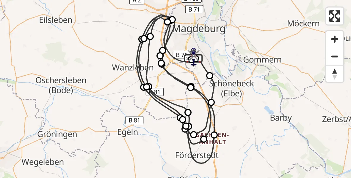 Flugroute Polizeihubschrauber Magdeburg City Flugplatz - Magdeburg City Flugplatz, 23 Juni 2026, 23:54