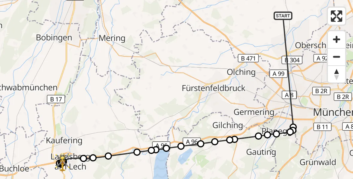 Flugroute Rettungshubschrauber Röhrmoos - Landsberg am Lech Hospital, 23 Juni 2026, 23:58