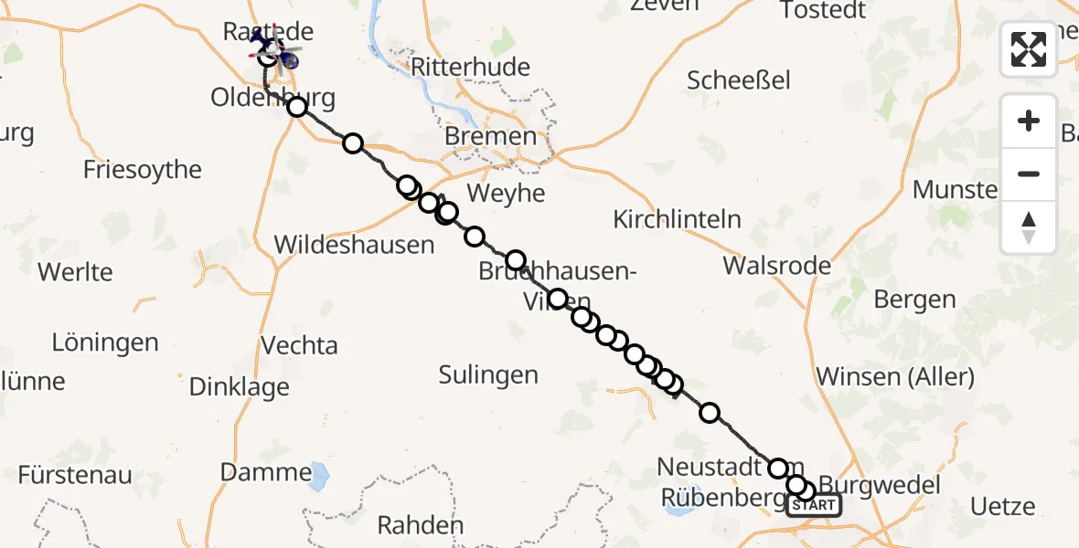 Flugroute Polizeihubschrauber Flughafen Hannover - Oldenburg Police Hubschrauberlandeplatz, 24 Juni 2026, 00:39