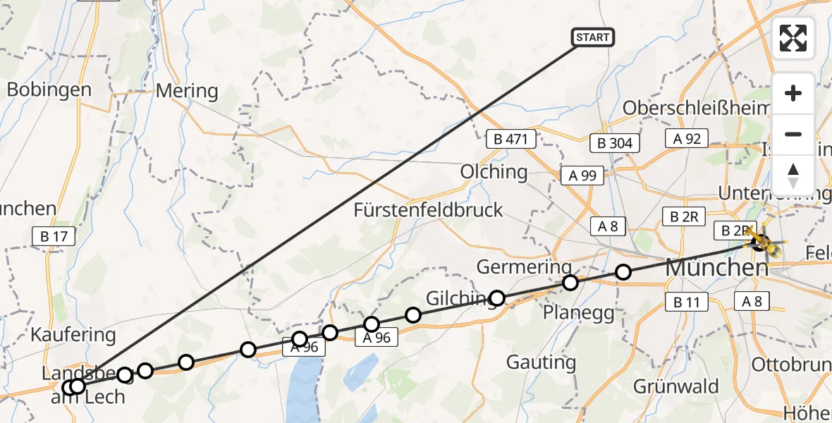 Flugroute Rettungshubschrauber Röhrmoos - München Bogenhausen Hospital, 24 Juni 2026, 00:48