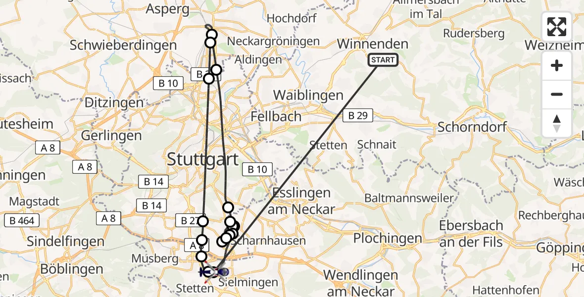 Flugroute Polizeihubschrauber Winnenden - Flughafen Stuttgart, 24 Juni 2026, 01:20