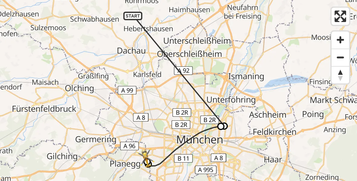 Flugroute Rettungshubschrauber Röhrmoos - DRF Air Rescue München Hubschrauberlandeplatz, 24 Juni 2026, 01:37
