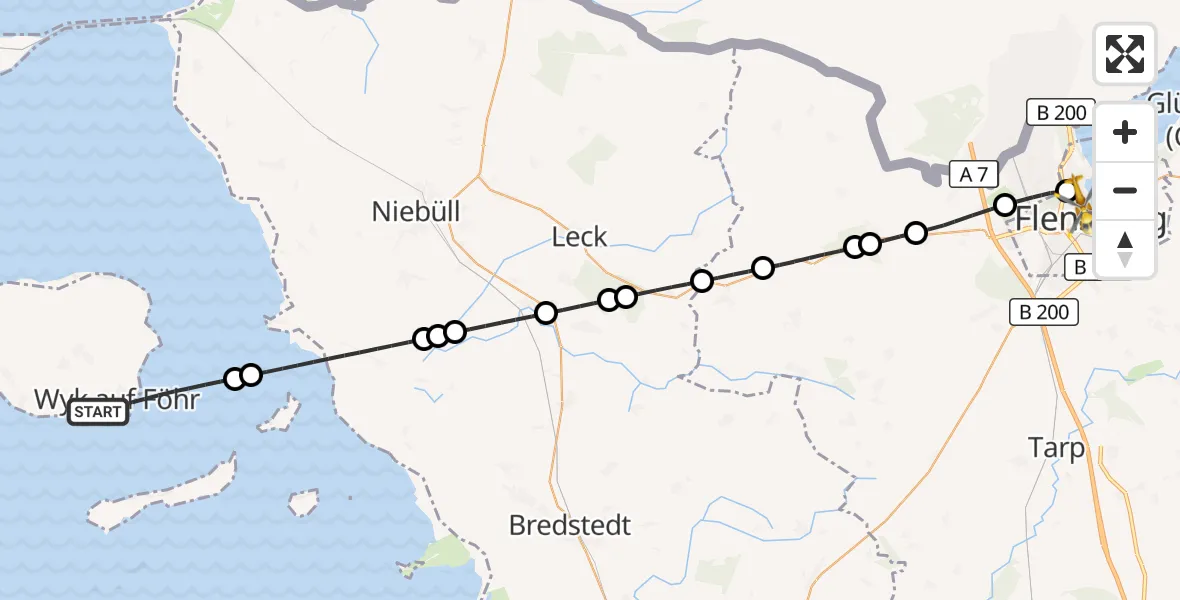 Flugroute Rettungshubschrauber Wyk auf Föhr - Flensburg, 24 Juni 2026, 01:40