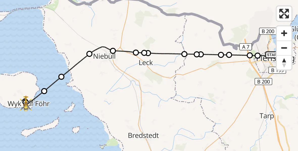 Flugroute Rettungshubschrauber Flensburg - Wyk auf Föhr, 24 Juni 2026, 02:20