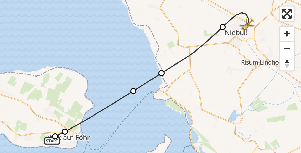 Flugroute Rettungshubschrauber Wyk auf Föhr Flughafen - Niebüll, 24 Juni 2026, 03:30