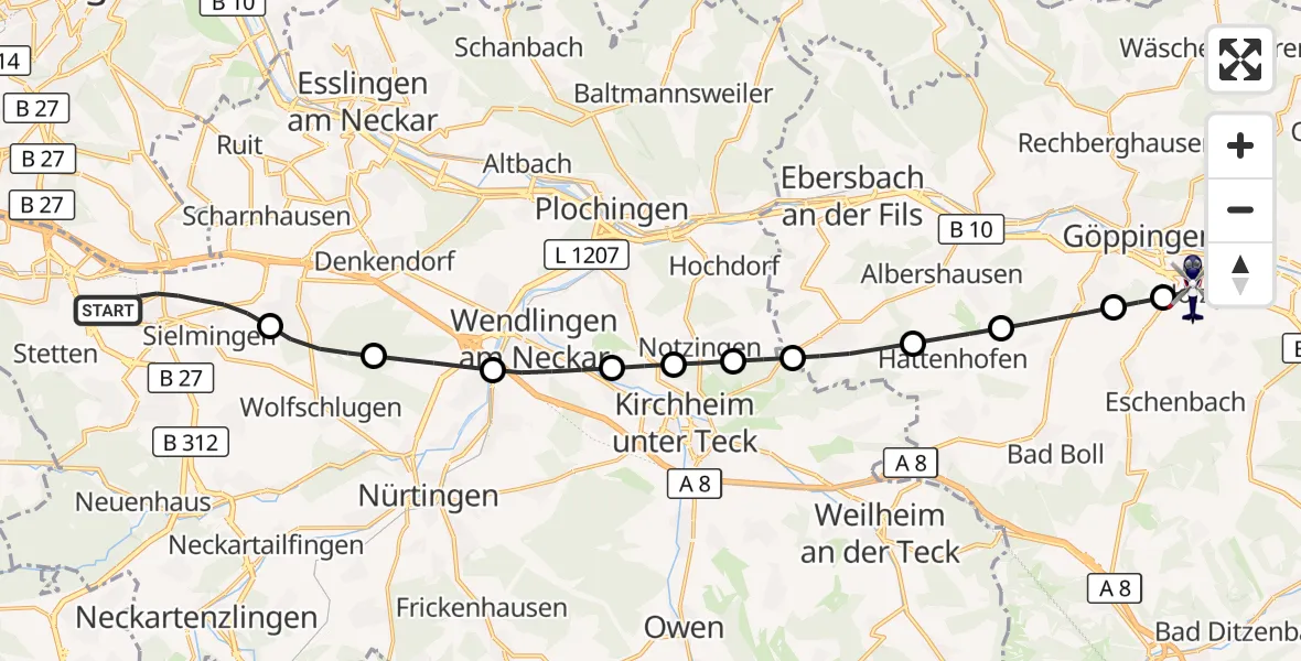 Flugroute Polizeihubschrauber Flughafen Stuttgart - Göppingen, 24 Juni 2026, 05:01