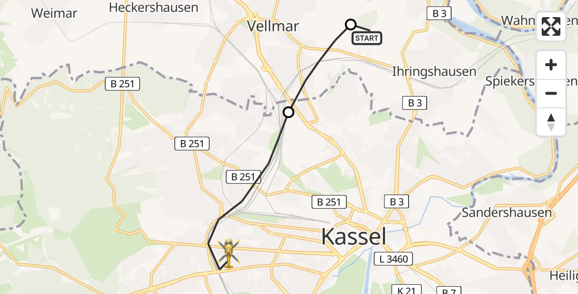 Flugroute Rettungshubschrauber Fuldatal Bundespolizei Hubschrauberlandeplatz - Kassel, 24 Juni 2026, 05:03