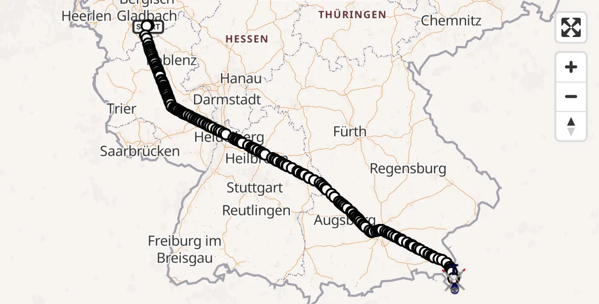 Flugroute Polizeihubschrauber Sankt Augustin - Bischofswiesen, 24 Juni 2026, 05:03