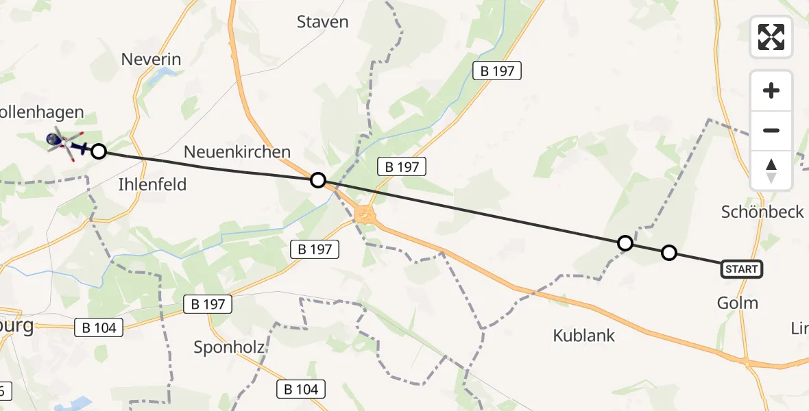 Flugroute Polizeihubschrauber Groß Miltzow - Neubrandenburg Trollenhagen Flughafen, 24 Juni 2026, 05:09