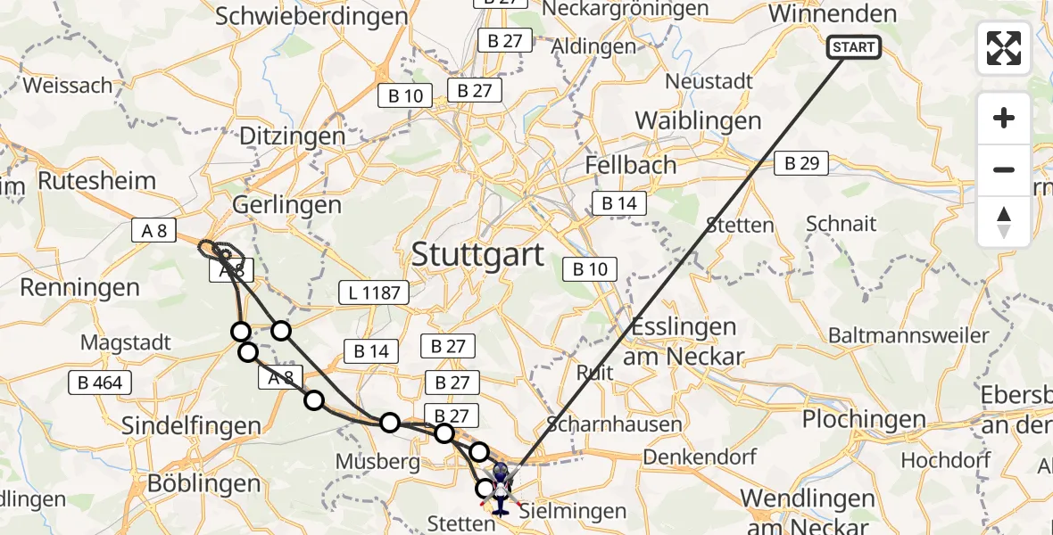 Flugroute Polizeihubschrauber Winnenden - Flughafen Stuttgart, 24 Juni 2026, 05:22