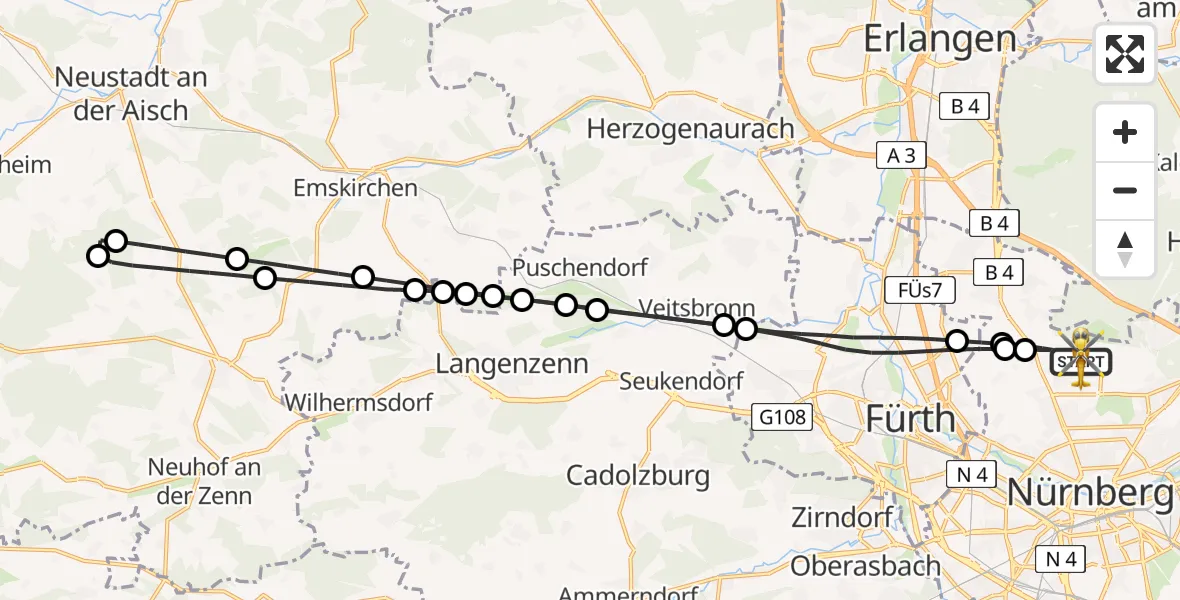 Flugroute Rettungshubschrauber Flughafen Nuremberg - Flughafen Nuremberg, 24 Juni 2026, 05:23