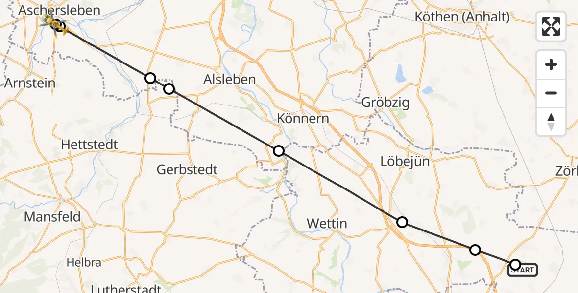 Flugroute Rettungshubschrauber Halle-Oppin Flugplatz - AMEOS Hospital Aschersleben, 24 Juni 2026, 05:41