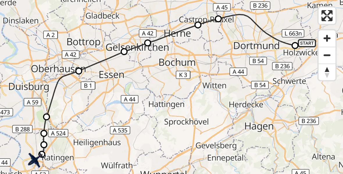 Flugroute Polizeiflugzeug Dortmund Flughafen - Düsseldorf Flughafen, 24 Juni 2026, 05:41