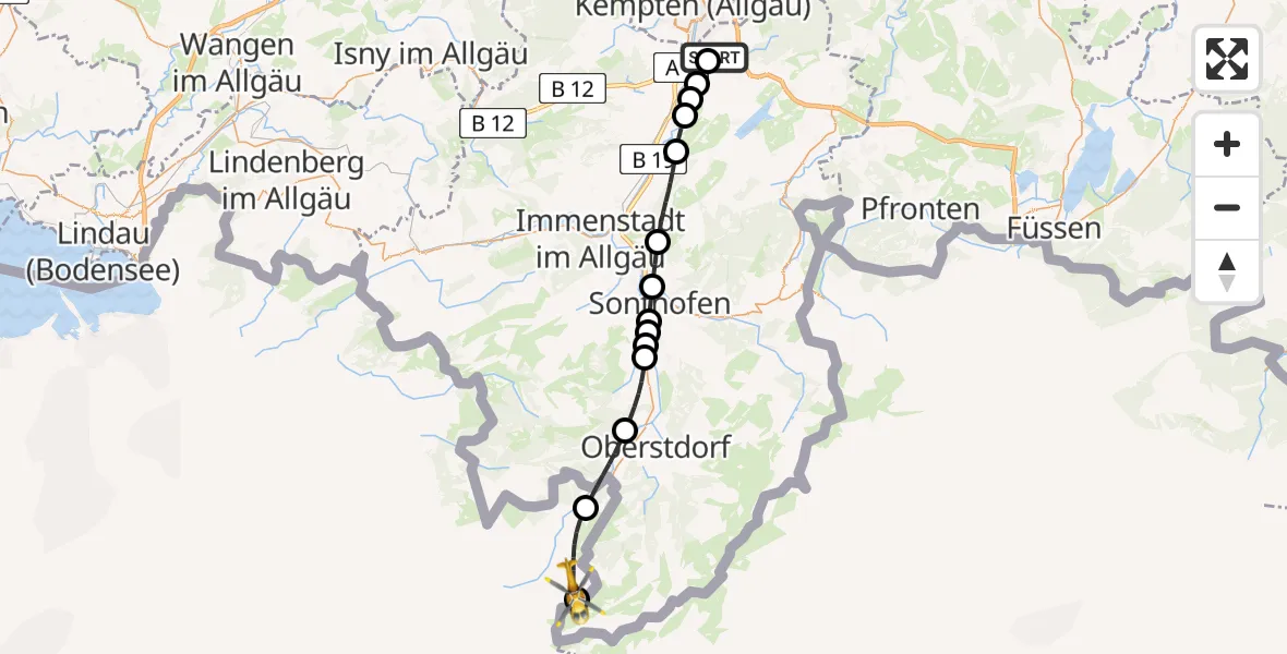 Flugroute Rettungshubschrauber Kempten-Durach Flugplatz - Oberstdorf, 24 Juni 2026, 05:42