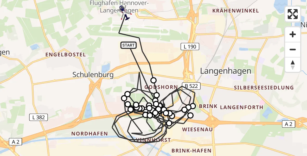 Flugroute Polizeihubschrauber Flughafen Hannover - Flughafen Hannover, 24 Juni 2026, 05:43