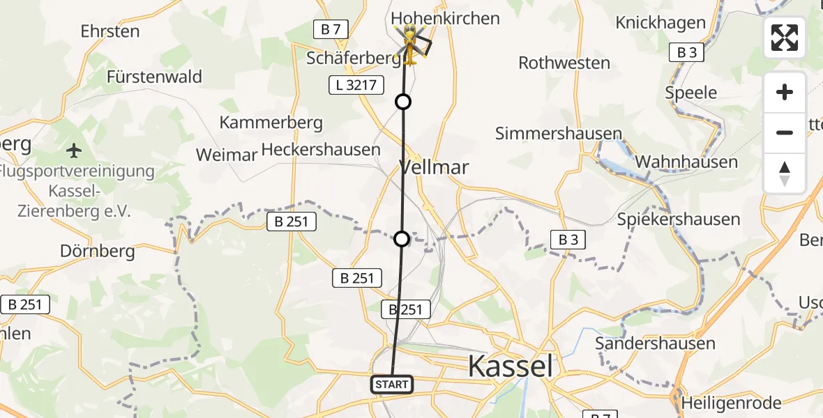 Flugroute Rettungshubschrauber Kassel - Espenau, 24 Juni 2026, 05:44