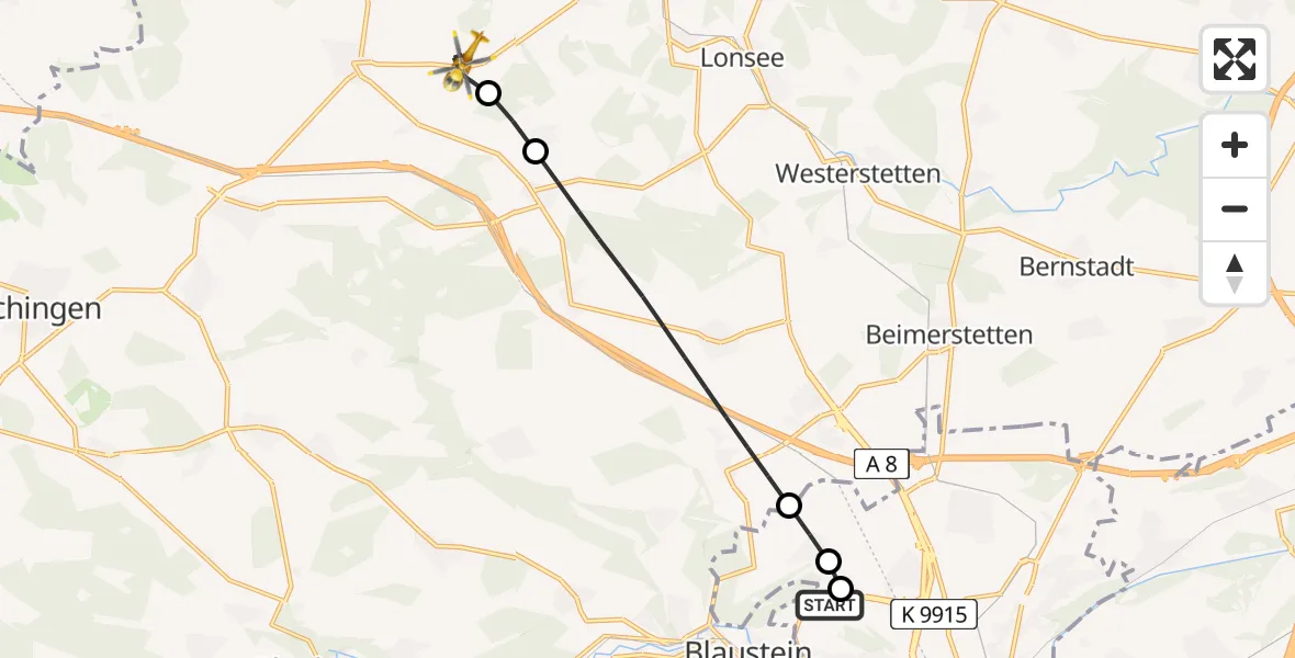 Flugroute Rettungshubschrauber Ulm Military Hospital Emergency - Nellingen, 24 Juni 2026, 05:47