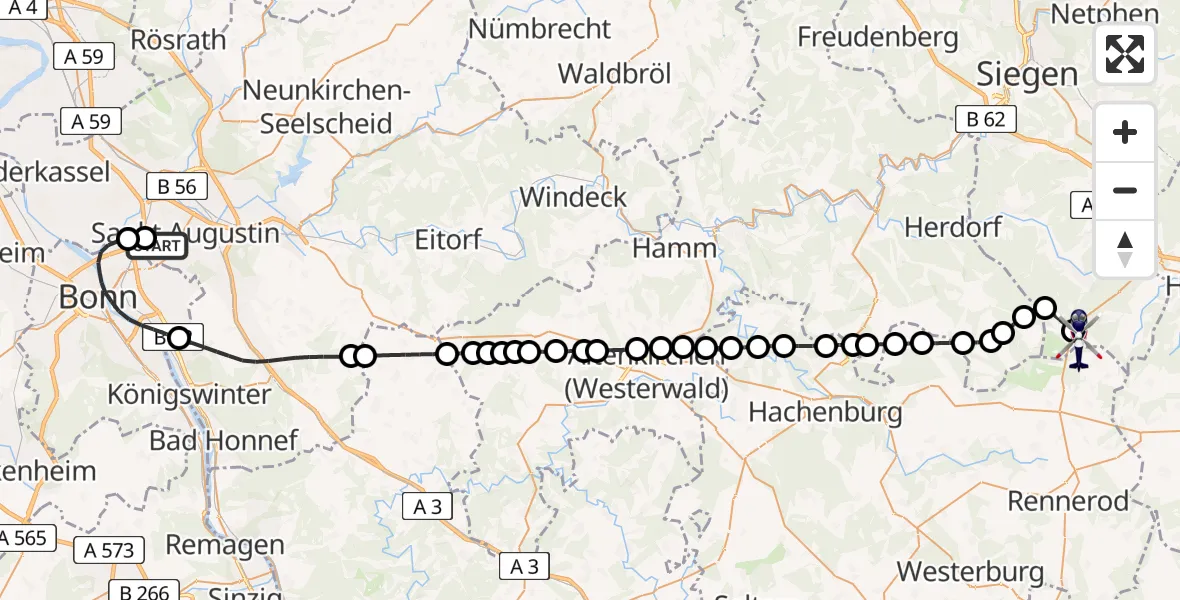 Flugroute Polizeihubschrauber Bonn-Hangelar Flugplatz - Siegerland Flughafen, 24 Juni 2026, 05:57