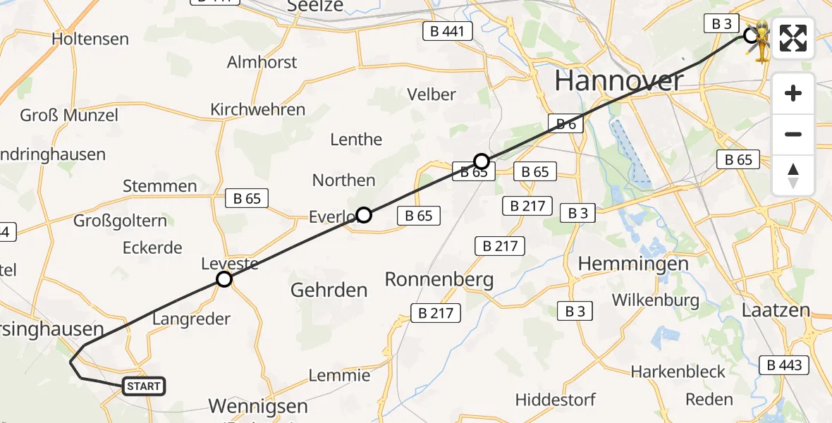 Flugroute Rettungshubschrauber Barsinghausen - Hannover Luftrettung Hubschrauberlandeplatz (Christoph 4), 24 Juni 2026, 06:08