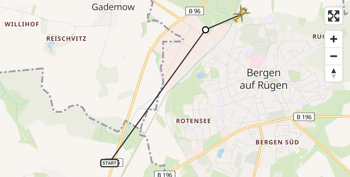 Flugroute Ambulanzhubschrauber Sehlen - Bergen auf Rügen, 24 Juni 2026, 06:10