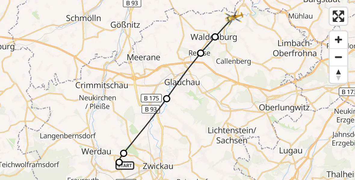 Flugroute Rettungshubschrauber ADAC Air Rescue Station Zwickau Hubschrauberlandeplatz - Waldenburg, 24 Juni 2026, 06:11