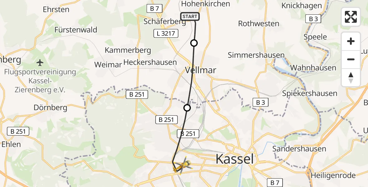 Flugroute Rettungshubschrauber Espenau - Kassel, 24 Juni 2026, 06:13