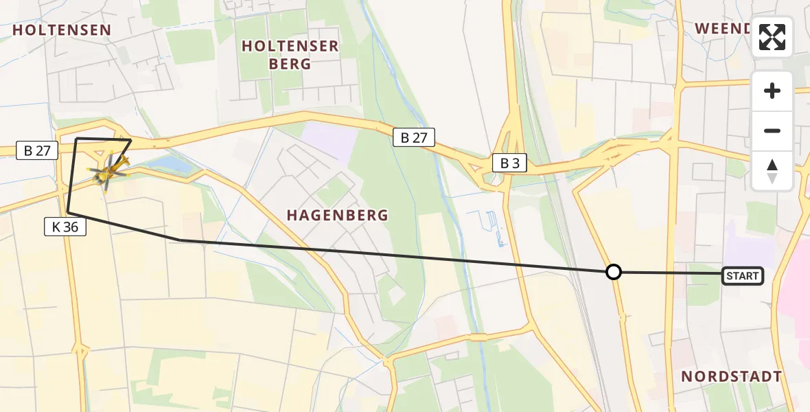 Flugroute Rettungshubschrauber Göttingen University Clinic Hubschrauberlandeplatz - Göttingen, 24 Juni 2026, 06:14