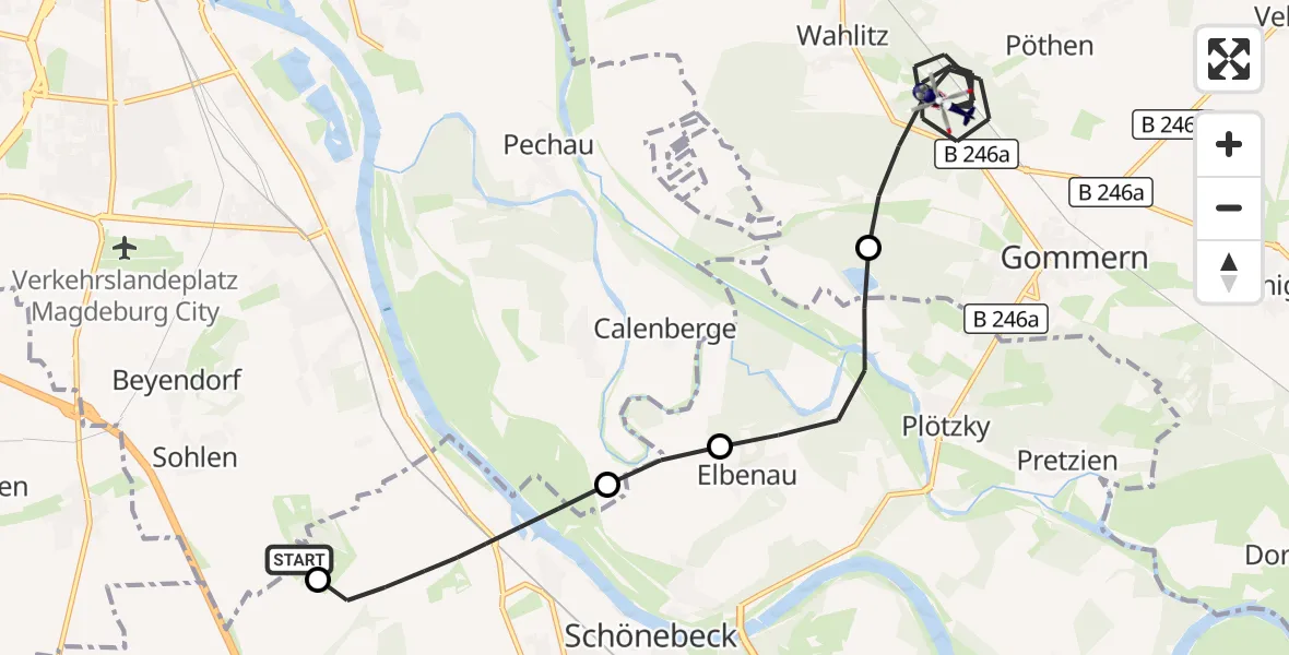 Flugroute Polizeihubschrauber Magdeburg - Gommern, 24 Juni 2026, 06:17