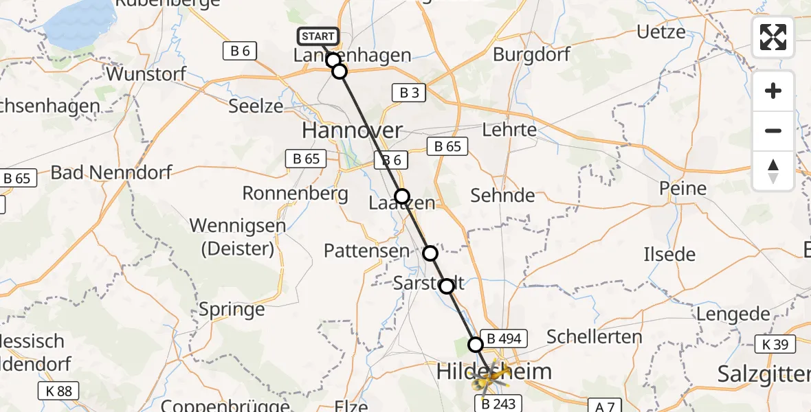 Flugroute Rettungshubschrauber Flughafen Hannover - Hildesheim, 24 Juni 2026, 06:31
