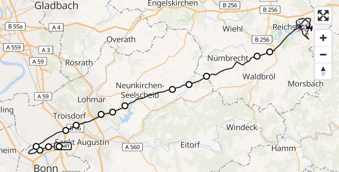 Flugroute Polizeihubschrauber Sankt Augustin - Reichshof, 24 Juni 2026, 06:32