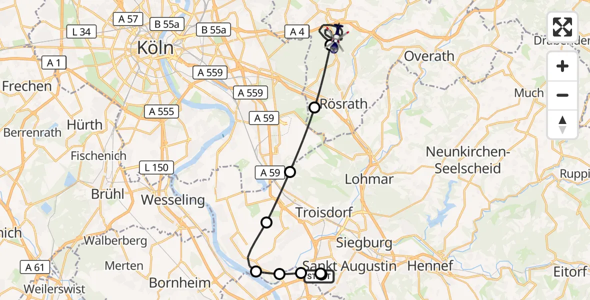 Flugroute Polizeihubschrauber Sankt Augustin - Bergisch Gladbach, 24 Juni 2026, 06:34