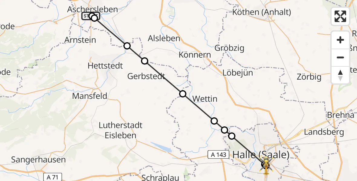 Flugroute Rettungshubschrauber AMEOS Hospital Aschersleben - BG Hospital Bergmannstrost Halle, 24 Juni 2026, 06:36
