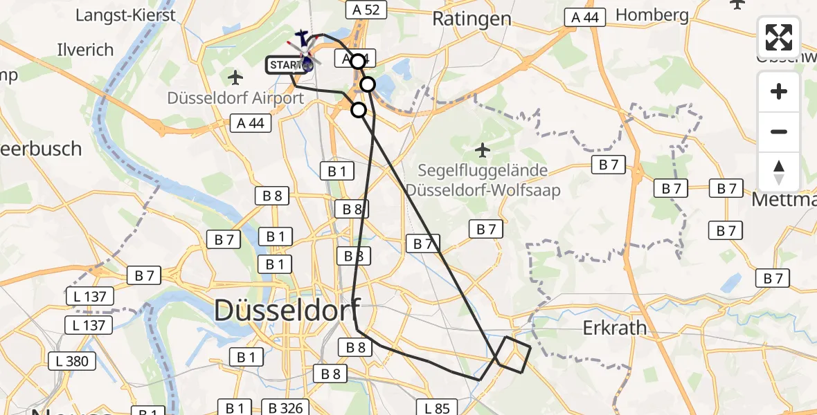 Flugroute Polizeihubschrauber Düsseldorf Flughafen - Düsseldorf Flughafen, 24 Juni 2026, 06:40