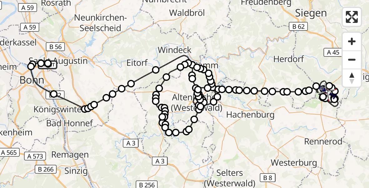 Flugroute Polizeihubschrauber Sankt Augustin - Siegerland Flughafen, 24 Juni 2026, 06:44