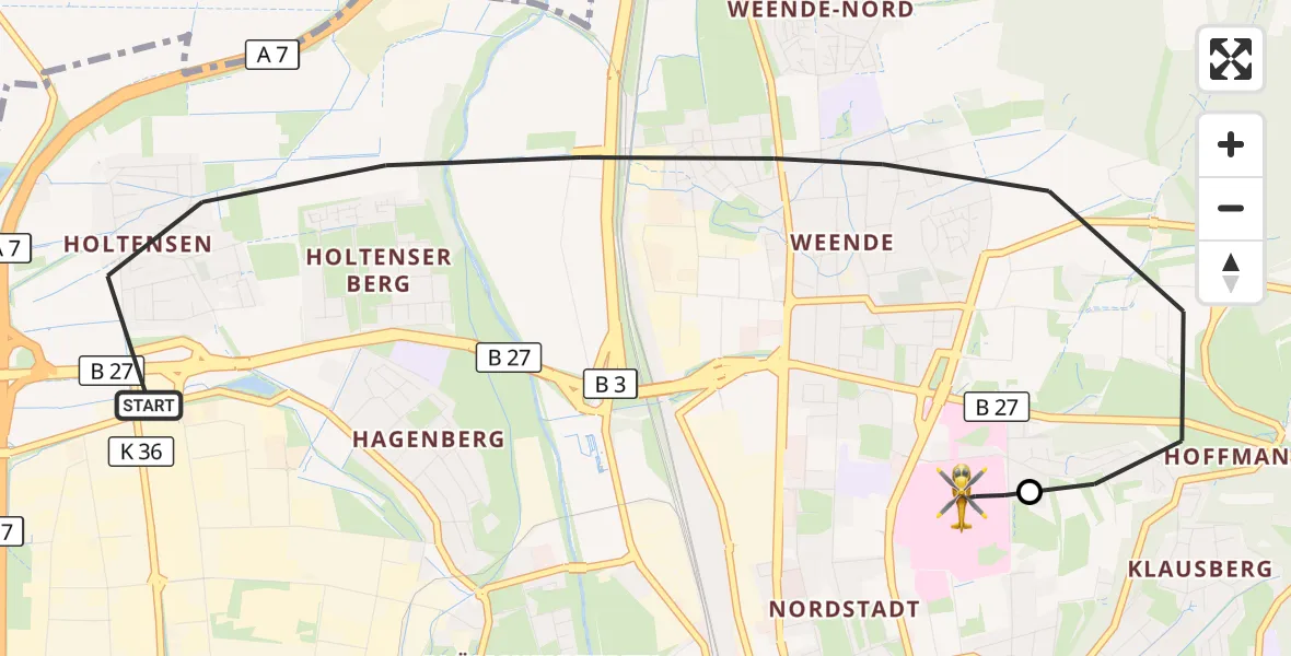 Flugroute Rettungshubschrauber Göttingen - Göttingen University Clinic Hubschrauberlandeplatz, 24 Juni 2026, 06:45