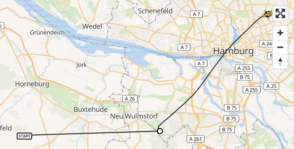 Flugroute Rettungshubschrauber Harsefeld - Hamburg Military Hospital, 24 Juni 2026, 06:45