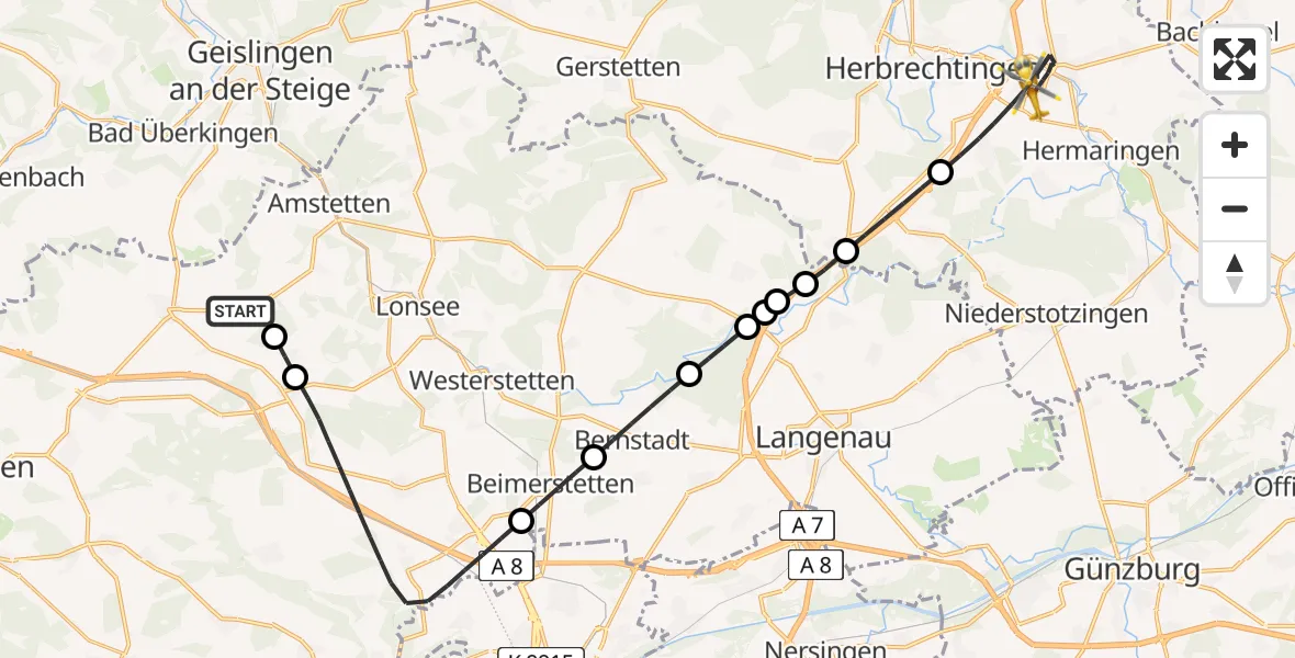 Flugroute Rettungshubschrauber Nellingen - Giengen an der Brenz, 24 Juni 2026, 06:47
