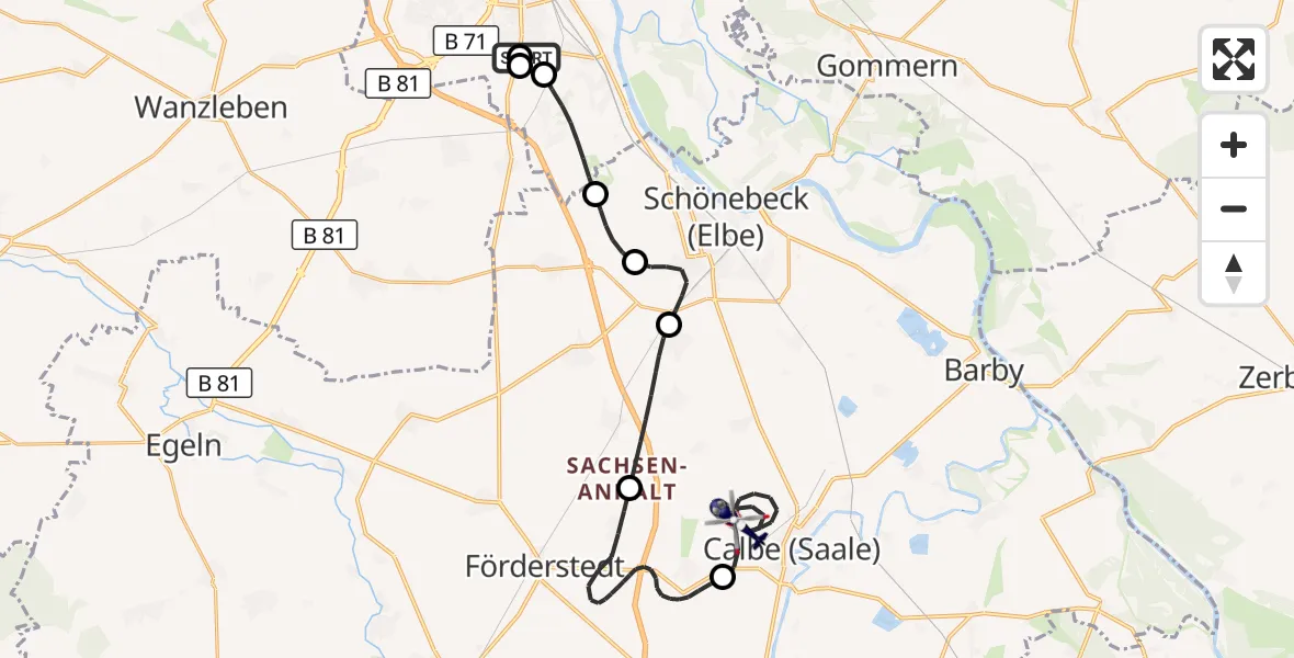 Flugroute Polizeihubschrauber Magdeburg City Flugplatz - Calbe (Saale), 24 Juni 2026, 06:49