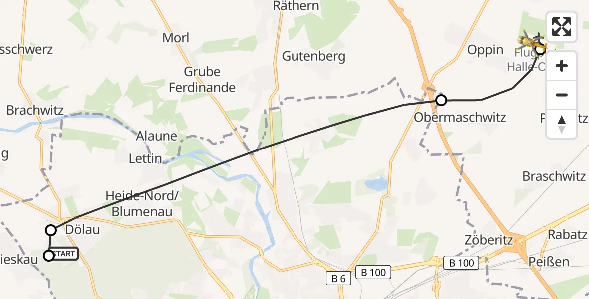 Flugroute Rettungshubschrauber Martha-Maria Halle-Dölau Hospital - Halle-Oppin Flugplatz, 24 Juni 2026, 06:49