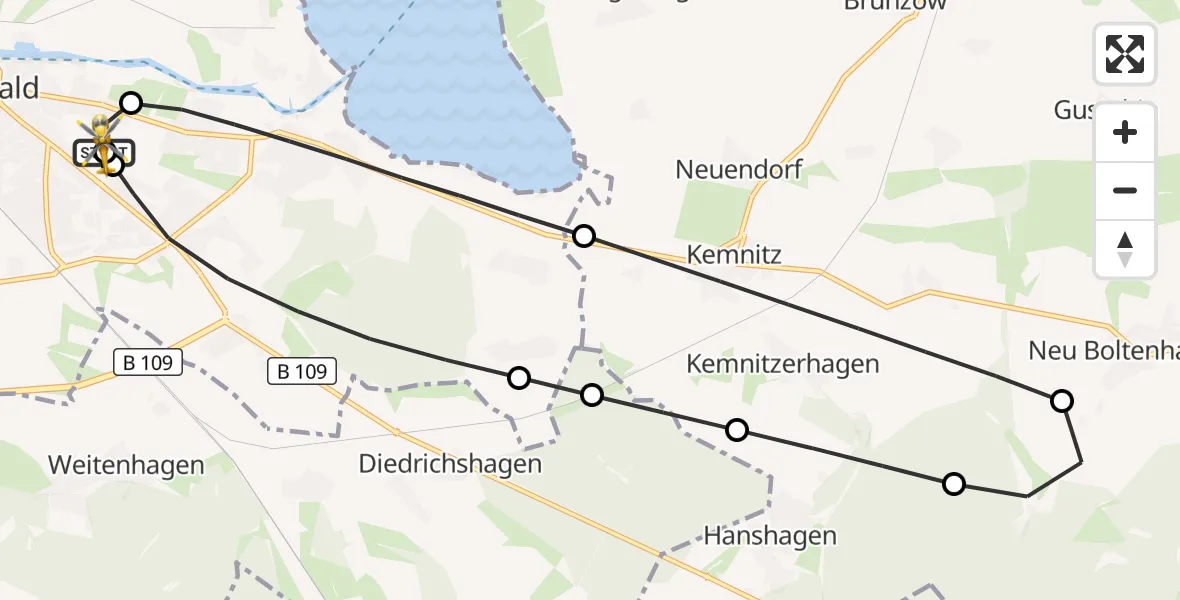 Flugroute Rettungshubschrauber Greifswald Hospital - Greifswald Hospital, 24 Juni 2026, 06:52