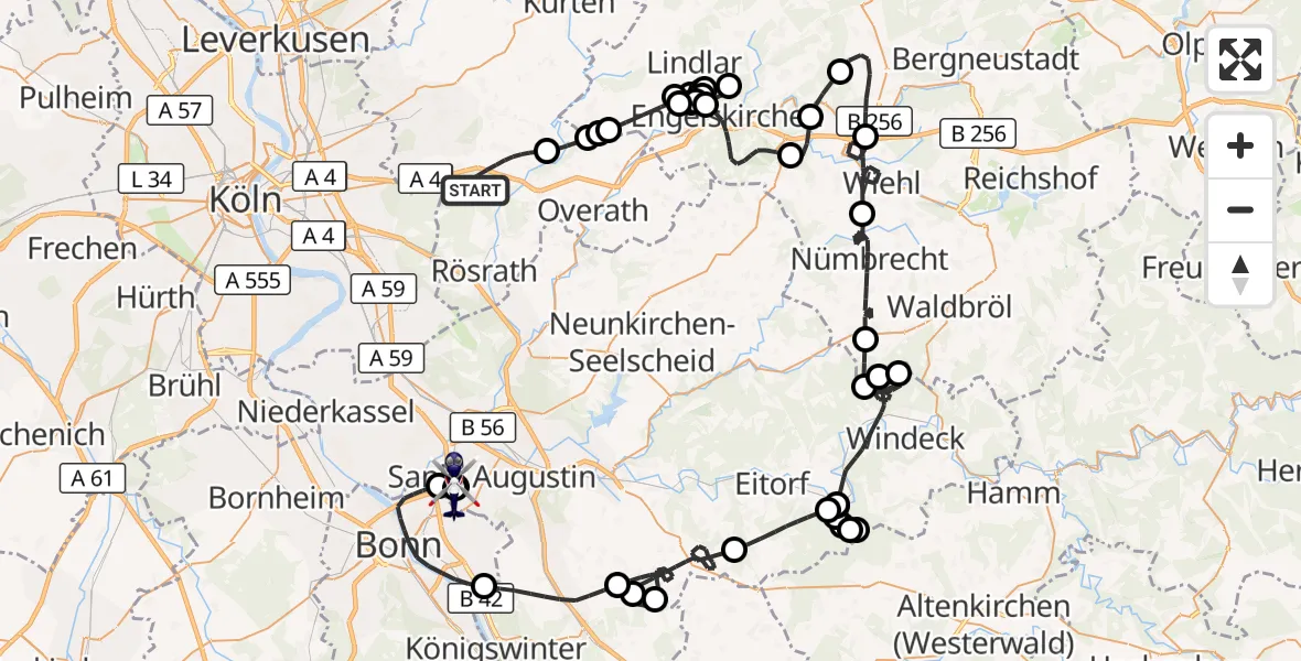 Flugroute Polizeihubschrauber Bergisch Gladbach - Sankt Augustin, 24 Juni 2026, 07:04