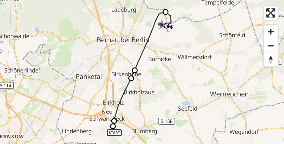 Flugroute Polizeihubschrauber Ahrensfelde Hubschrauberlandeplatz - Bernau bei Berlin, 24 Juni 2026, 07:08
