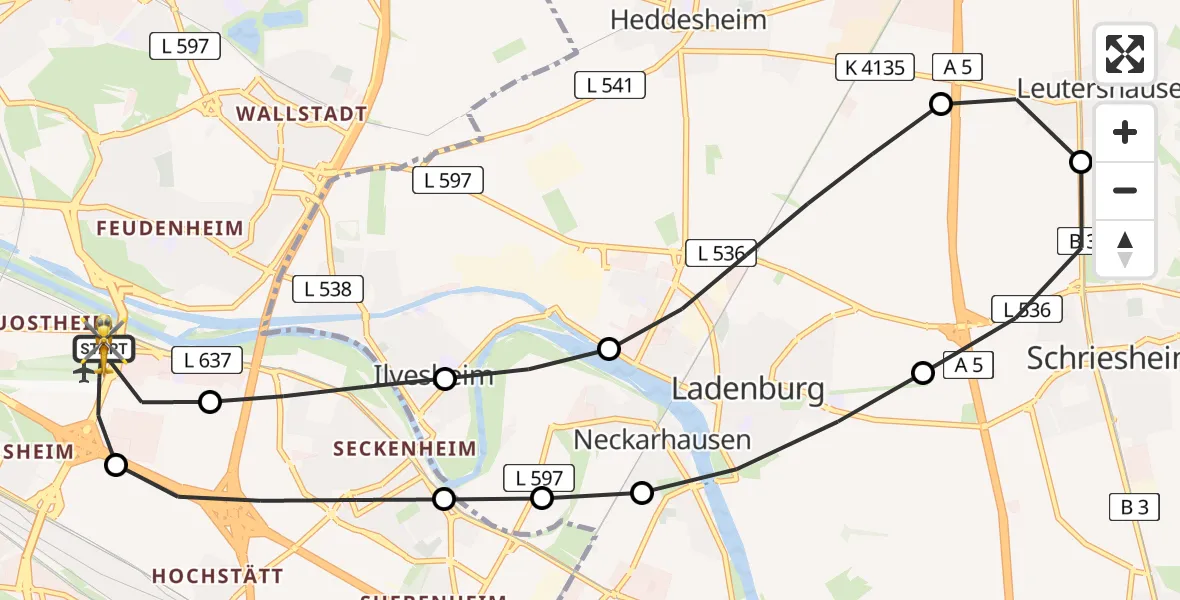 Flugroute Rettungshubschrauber Mannheim-City Flughafen - Mannheim-City Flughafen, 24 Juni 2026, 07:09