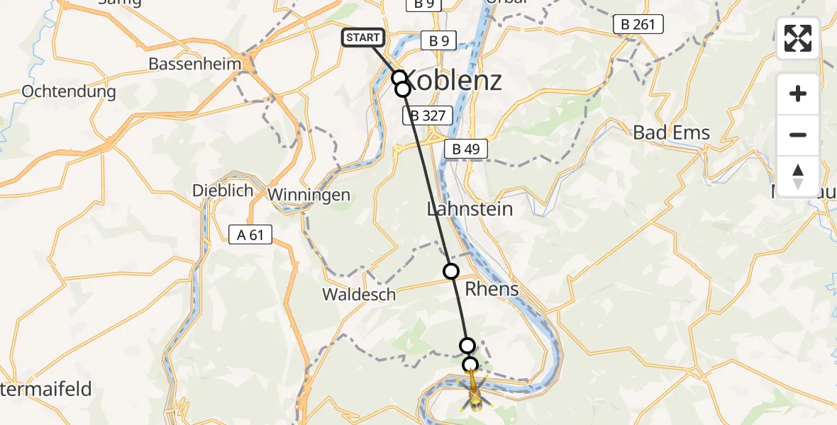 Flugroute Rettungshubschrauber Koblenz - Osterspai, 24 Juni 2026, 07:21