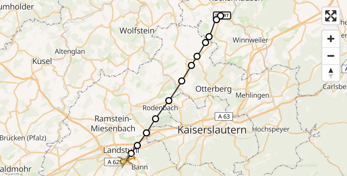 Flugroute Rettungshubschrauber Imsweiler UL - Landstuhl, 24 Juni 2026, 07:25